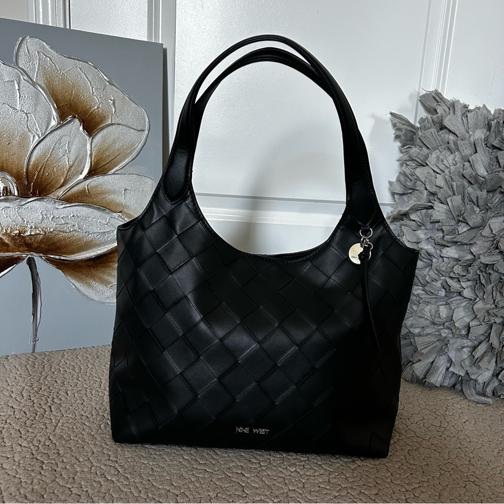 Nine West Black Shoulder Tote | Elegant Texture | Laptop-friendly Bag | Stylish